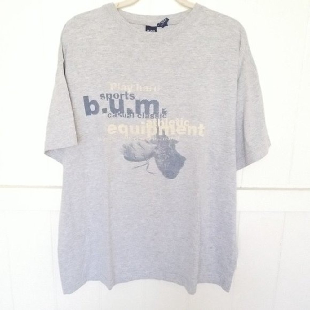 Vintage B.U.M. Bum Equipment Shirt Graphic Logo Men's Medium Gray Relaxed SS